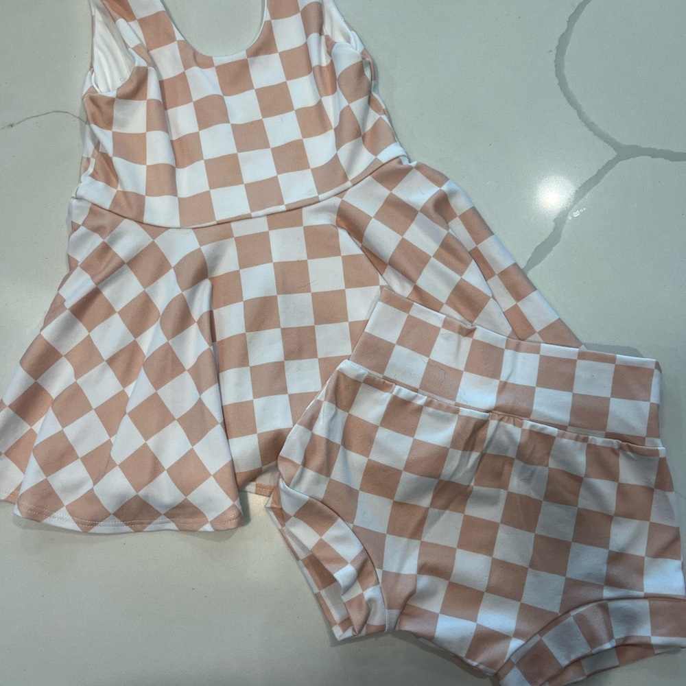Kids Checkered Matching Set in White and Tan